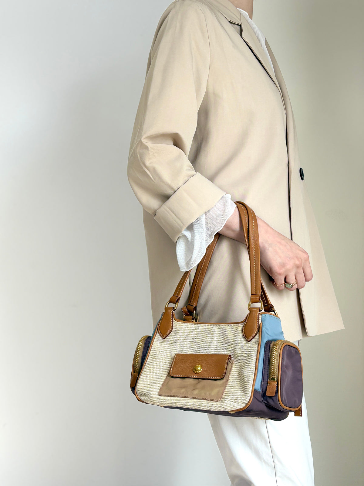 PRADA Triangle Logo Multi Pocket Handbag Totebag Beige×Blue Vintage fkki3a
