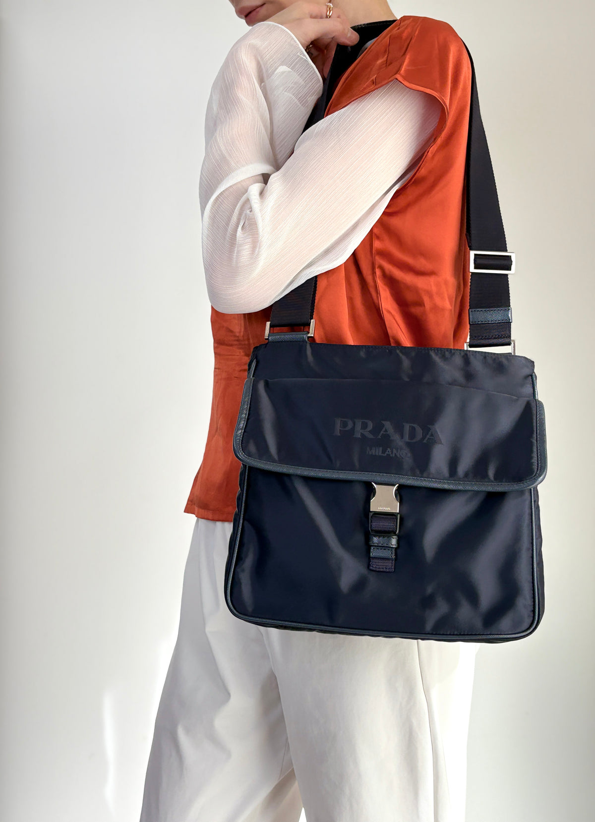 PRADA Logo Front Buckle Shoulder bag Navy Vintage eiigp4