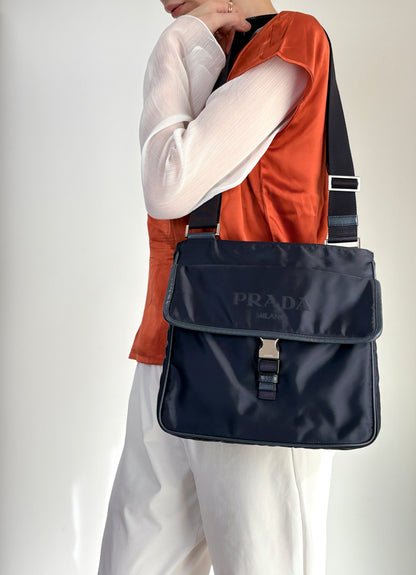 PRADA Logo Front Buckle Shoulder bag Navy Vintage eiigp4