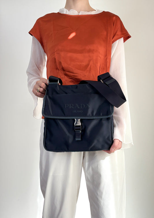 PRADA Logo Front Buckle Shoulder bag Navy Vintage eiigp4