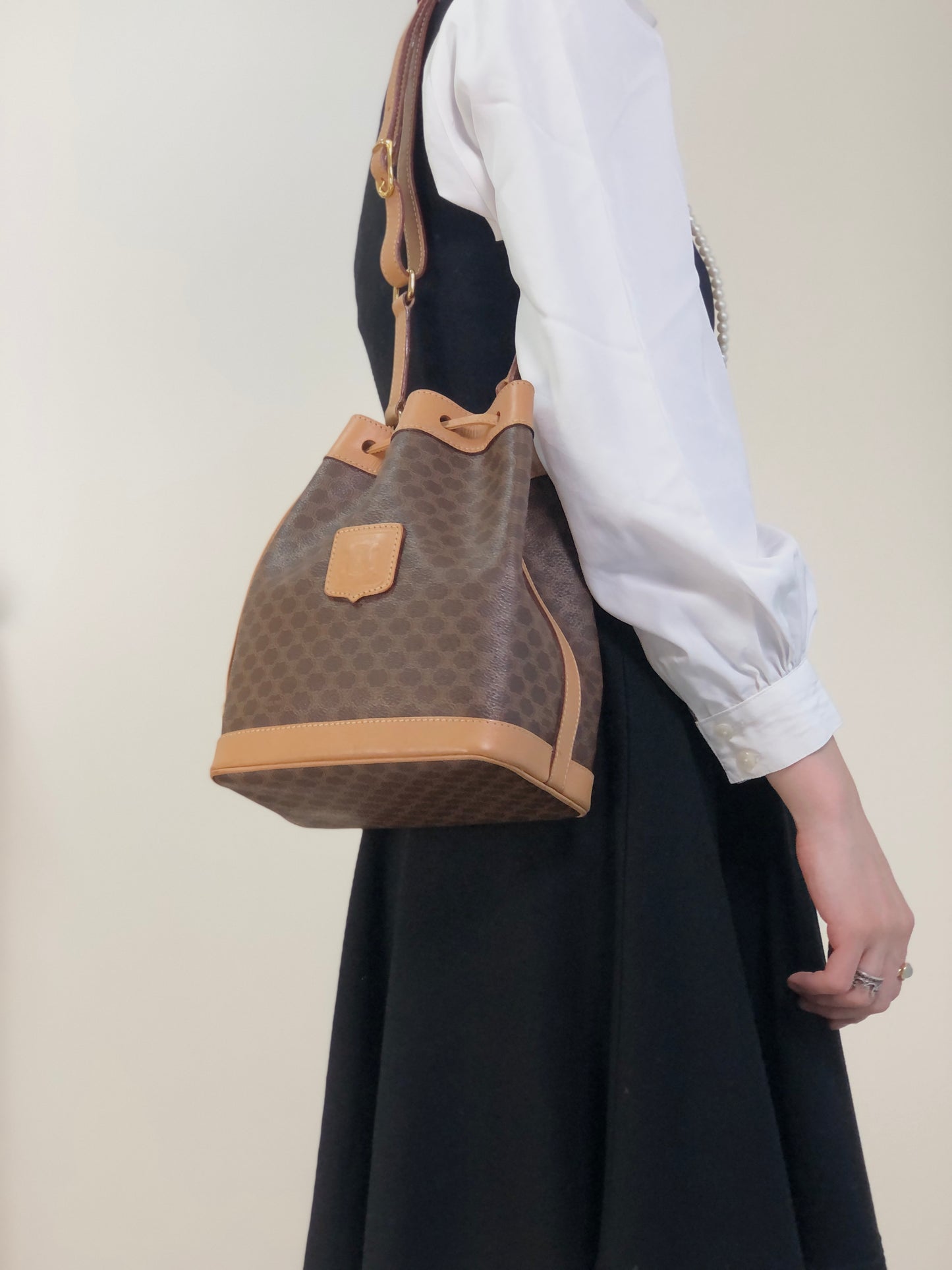 CELINE Macadam Blason Drawstring Shoulder bag Brown Vintage kvk5hf