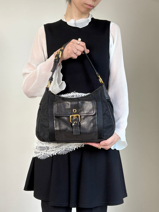 PRADA Triangle Logo Front Buckle Shoulder bag Hobobag Black Vintage kmr53p