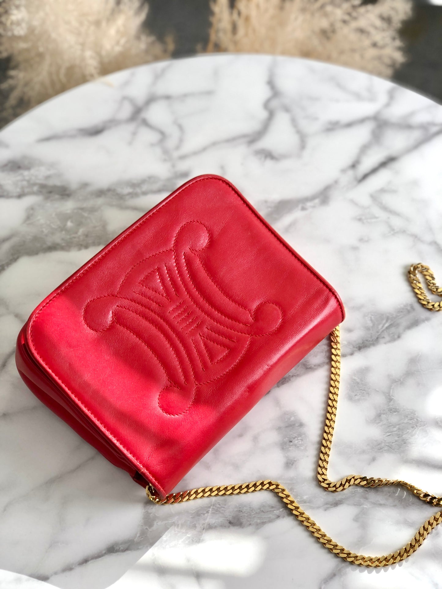 CELINE Triomphe Stitch Chain Shoulder bag Red Vintage 2vaduu