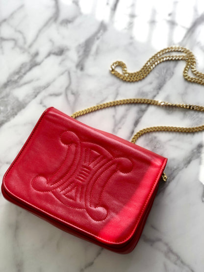 CELINE Triomphe Stitch Chain Shoulder bag Red Vintage 2vaduu