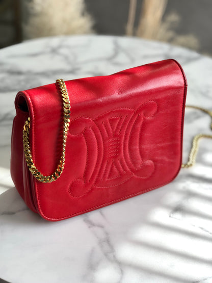 CELINE Triomphe Stitch Chain Shoulder bag Red Vintage 2vaduu