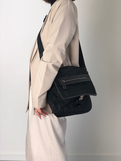 PRADA Tessuto Triangle Logo Front Buckle Shoulder bag Black Vintage bcdpsd