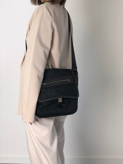 PRADA Tessuto Triangle Logo Front Buckle Shoulder bag Black Vintage bcdpsd