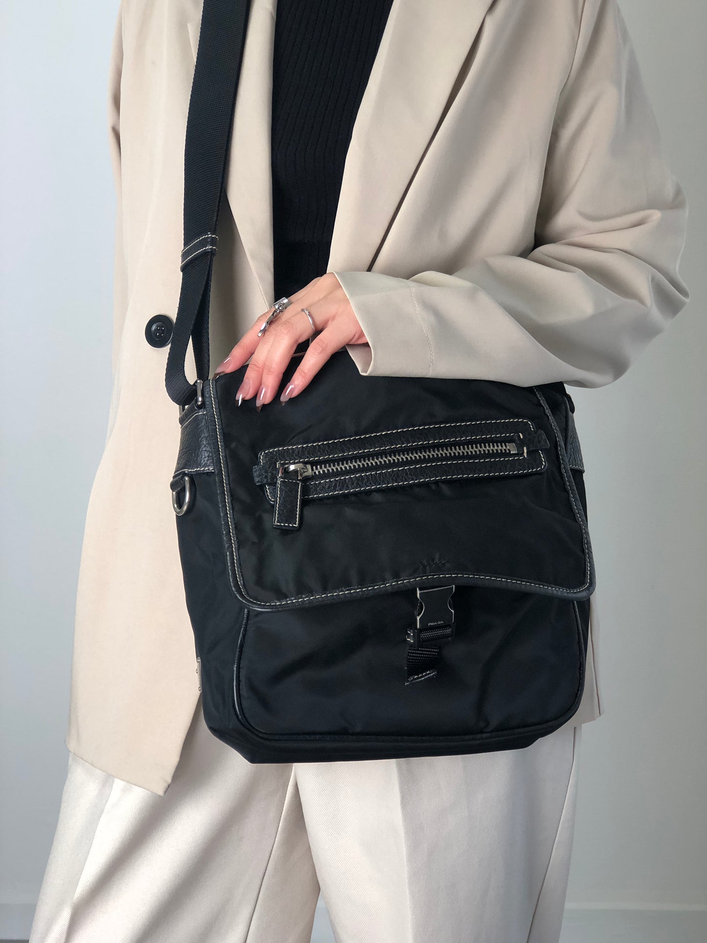 PRADA Tessuto Triangle Logo Front Buckle Shoulder bag Black Vintage bcdpsd