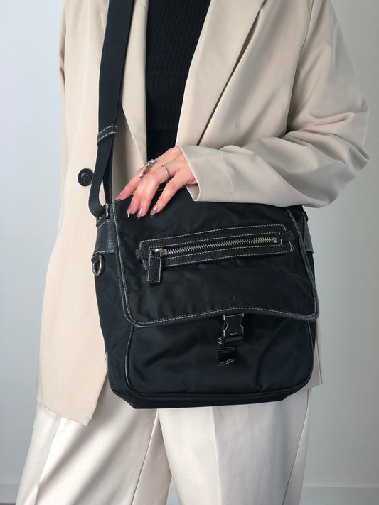 PRADA Tessuto Triangle Logo Front Buckle Shoulder bag Black Vintage bcdpsd