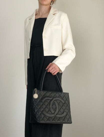 CHANEL Coco Mark Caviar Leather Handbag Black Vintage c6sifv