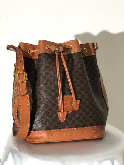 CELINE Macadam Blason Drawstring Side zipper Shoulder bag Brown Vintage Old Celine e2bfgx