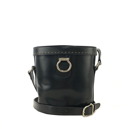 CELINE Stitch Horsebit Leather Bucket Crossbody Shoulder Bag Black Vintage Old Celine 3hrv6j