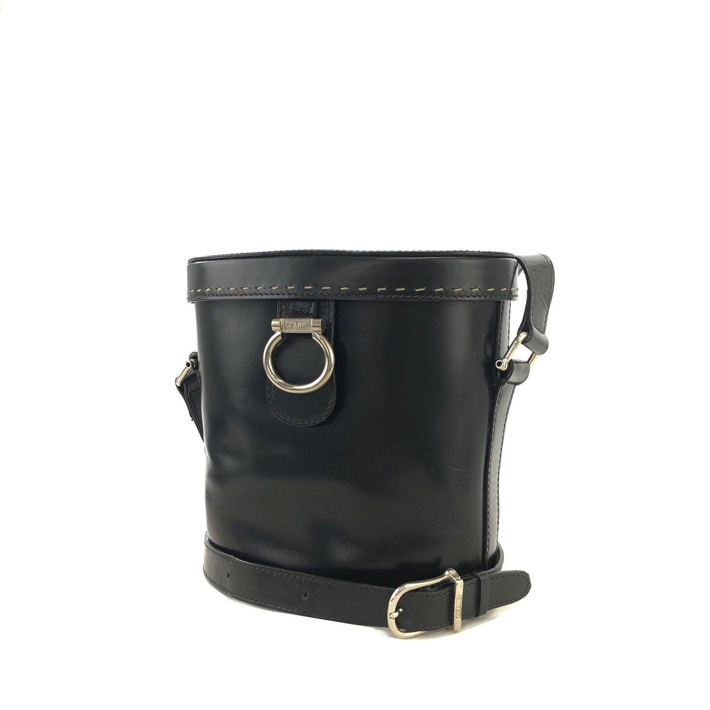 CELINE Stitch Horsebit Leather Bucket Crossbody Shoulder Bag Black Vintage Old Celine 3hrv6j