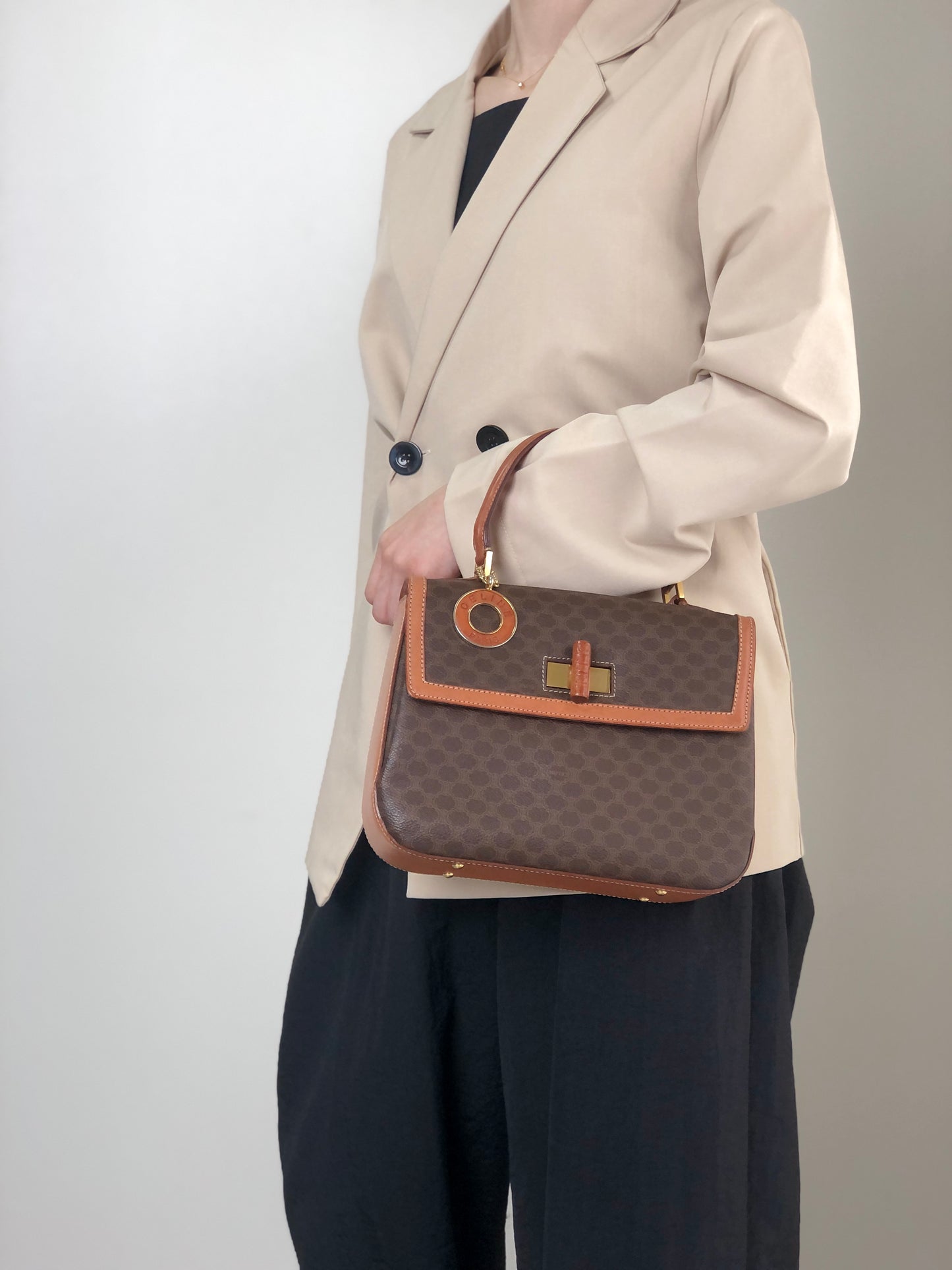 CELINE Macadam Turn Lock Charm Two-way Handbag Shoulder bag Brown Vintage tw3c3x