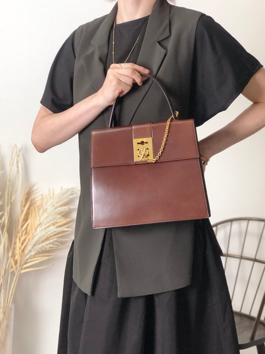 CELINE Gancini Chain Handbag Brown Vintage 7ffusp