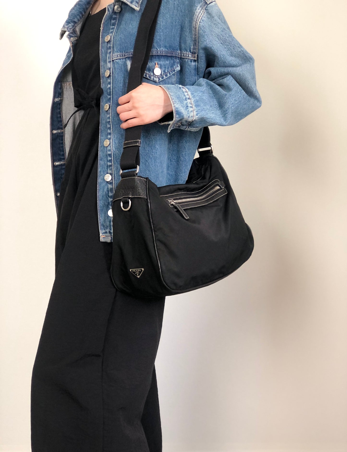 PRADA Tessuto Triangle Logo Shoulder bag Black Vintage w53g57