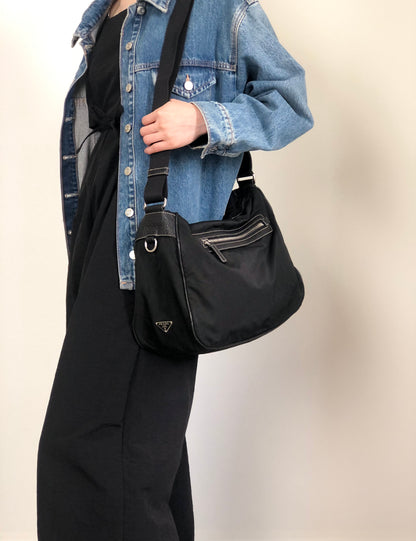 PRADA Tessuto Triangle Logo Shoulder bag Black Vintage w53g57