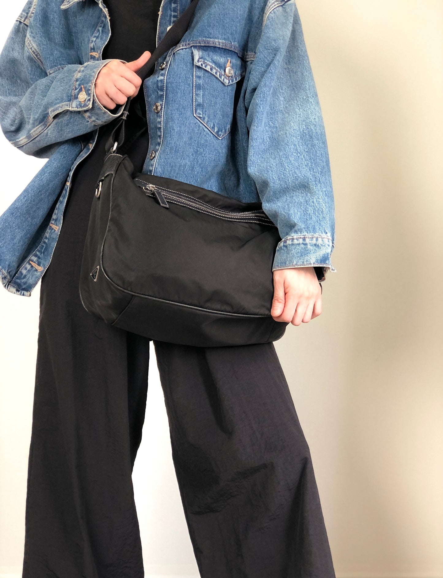 PRADA Tessuto Triangle Logo Shoulder bag Black Vintage w53g57