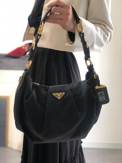 PRADA Tessuto Triangle Logo Shoulder bag Hobobag Black Vintage e3vera