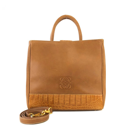 LOEWE Anagram Crocodile embossed Two-way Totebag Shoulder bag Brown Vintage Old she7e7