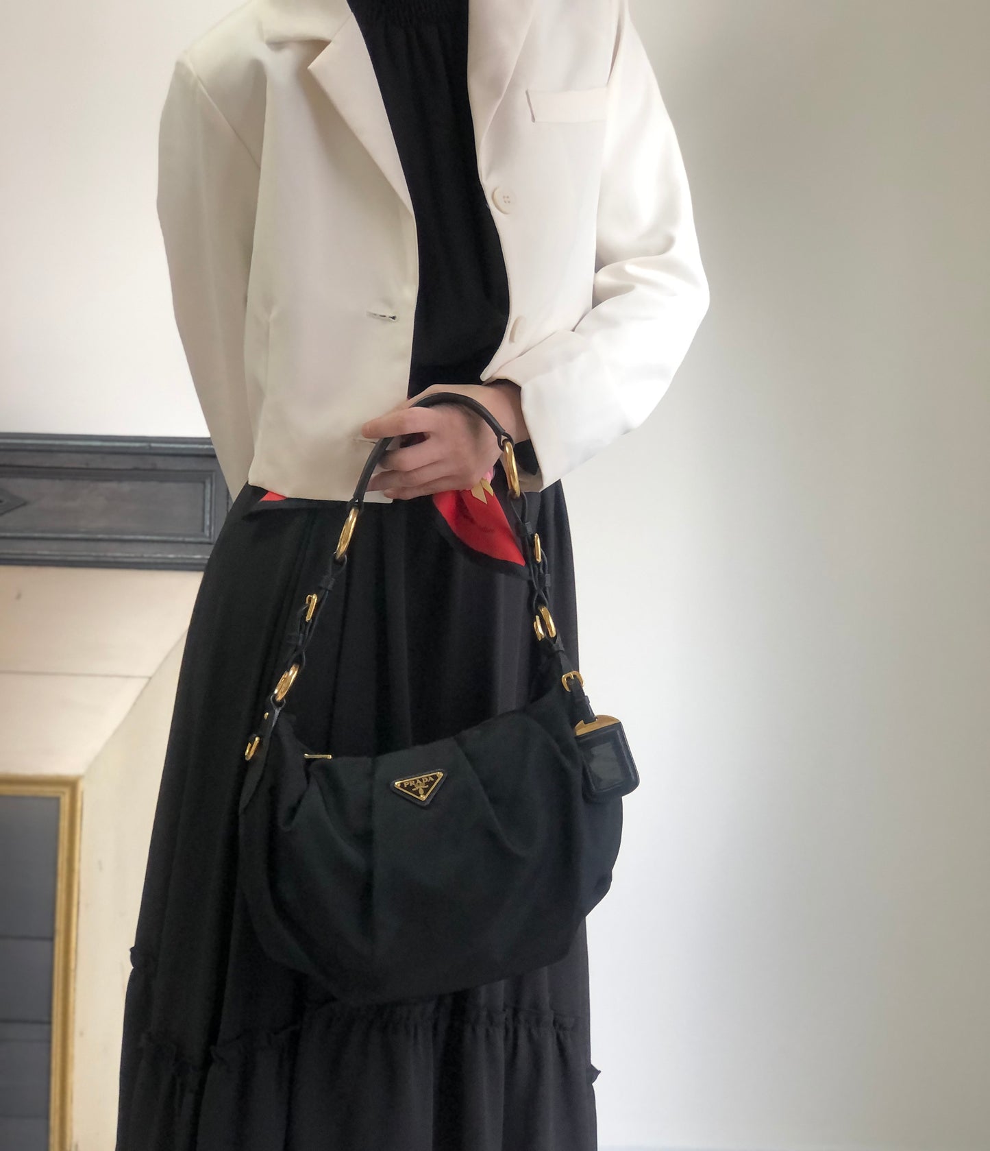 PRADA Tessuto Triangle Logo Shoulder bag Hobobag Black Vintage e3vera