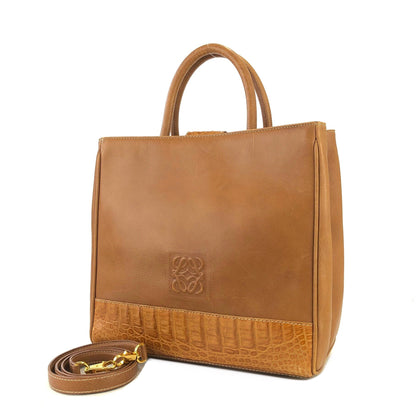 LOEWE Anagram Crocodile embossed Two-way Totebag Shoulder bag Brown Vintage Old she7e7