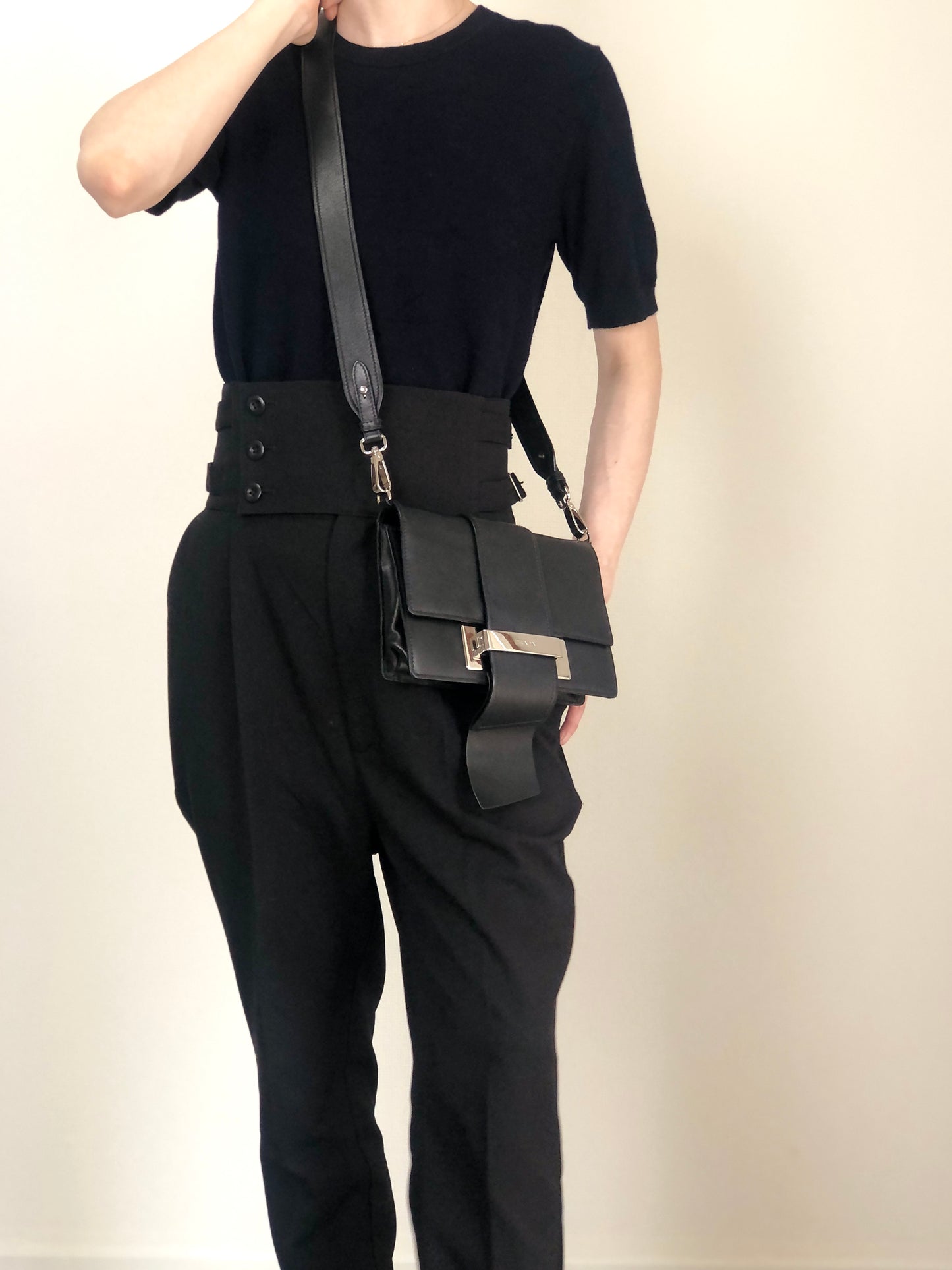 PRADA Logo Ribbon Motif Shoulder bag Black Vintage e3gymr