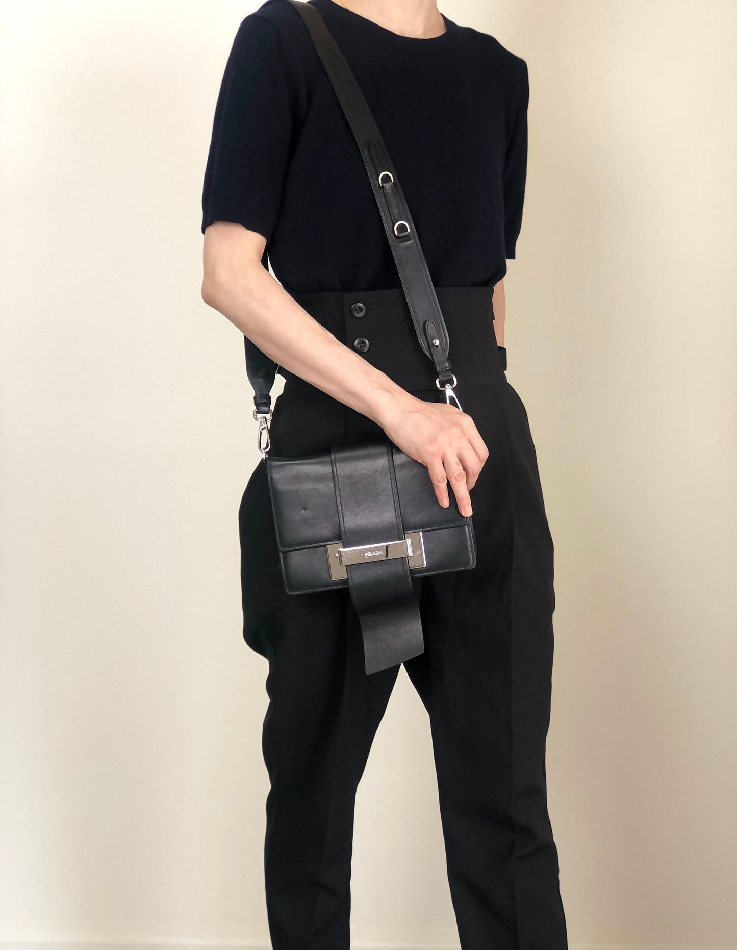 PRADA Logo Ribbon Motif Shoulder bag Black Vintage e3gymr