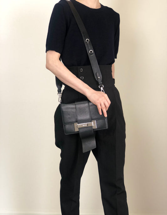 PRADA Logo Ribbon Motif Shoulder bag Black Vintage e3gymr