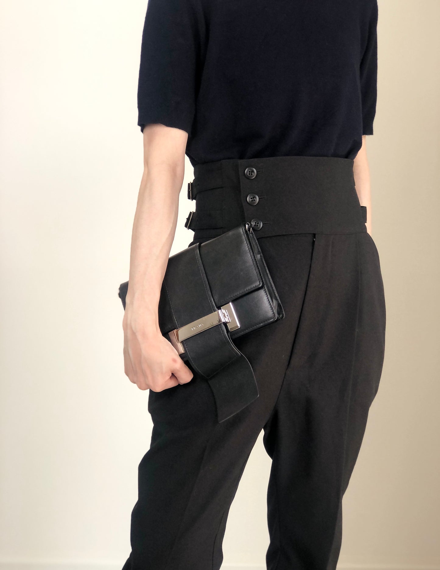 PRADA Logo Ribbon Motif Shoulder bag Black Vintage e3gymr