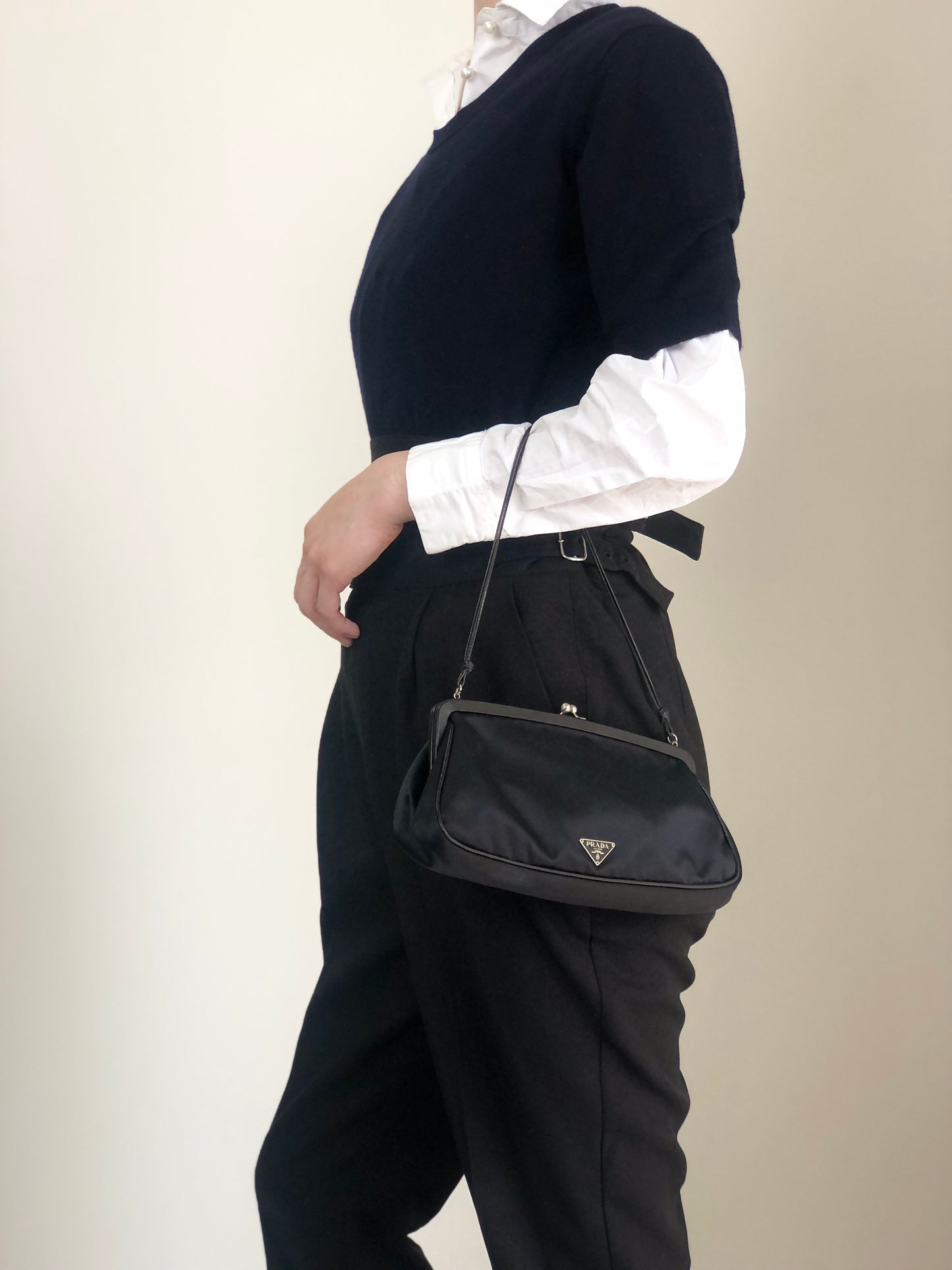 PRADA Tessuto Triangle Logo Small Handbag Black Vintage mygrbb