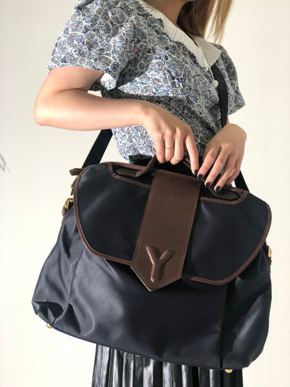 Yves Saint Laurent yEmbossed  Nylon x leather 2way bostonba shoulder bag navy x brown vintage old yf3gf4