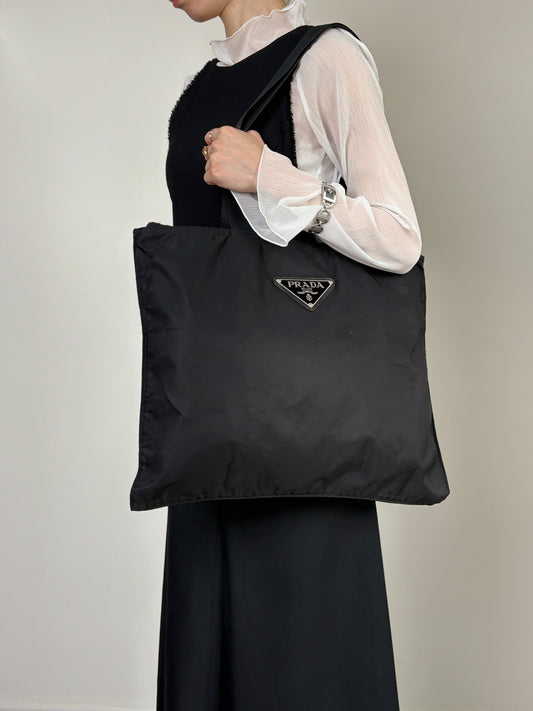 PRADA Tessuto Triangle Logo Handbag Totebag Black Vintage 6e4zku