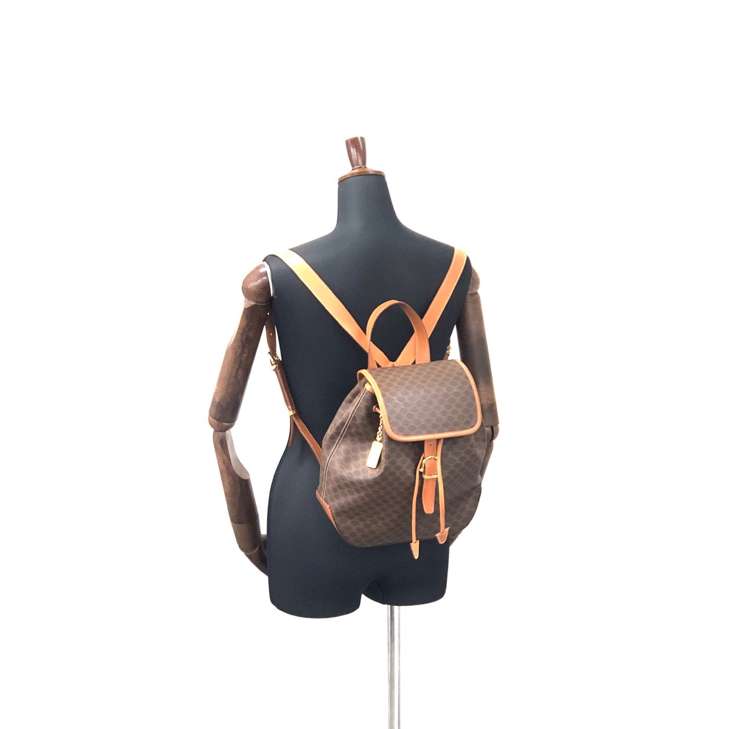 CELINE Macadam Front Belt Logo Charm PVC Leather Bag Pack Rucksack Brown Vintage Old Celine nmhrrj