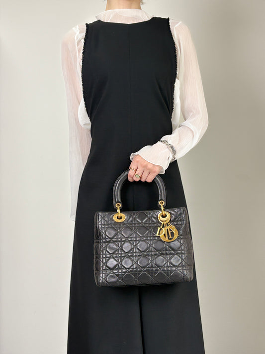 Christian Dior Lady Dior Cannage Charm Handbag Black Vintage 5udh48