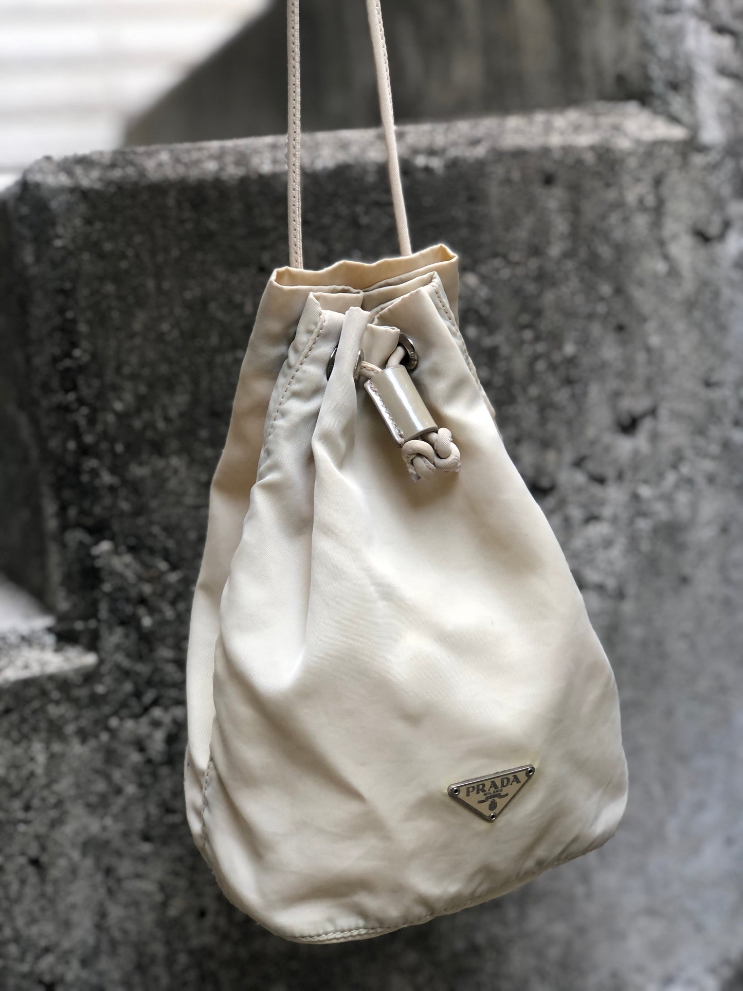 PRADA Triangle logo Nylon Drawstring Small Handbag Pouch Beige Vintage Old r5k777