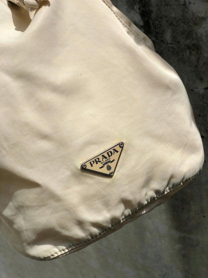 PRADA Triangle logo Nylon Drawstring Small Handbag Pouch Beige Vintage Old r5k777