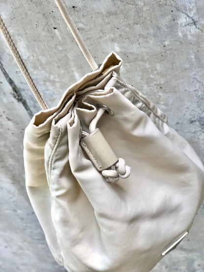 PRADA Triangle logo Nylon Drawstring Small Handbag Pouch Beige Vintage Old r5k777