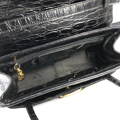 Salvatore Ferragamo Vala 鱷魚壓花單肩包手提包黑色復古舊款 6wktid
