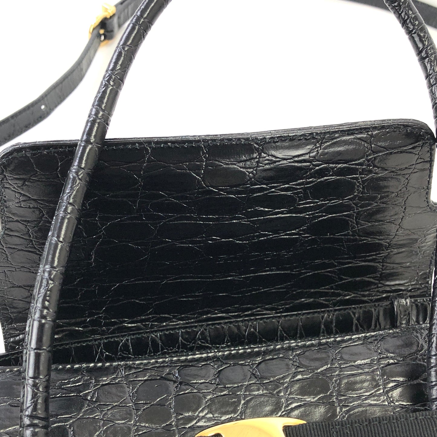 Salvatore Ferragamo Vala Crocodile embossed Shoulderbag Handbag Black Vintage Old 6wktid