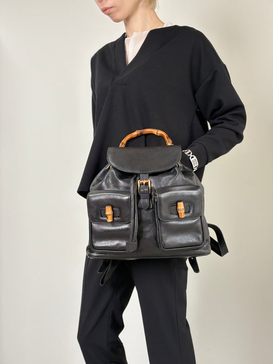 GUCCI Bamboo Double Pocket Backpack Black Vintage 3ug5ej