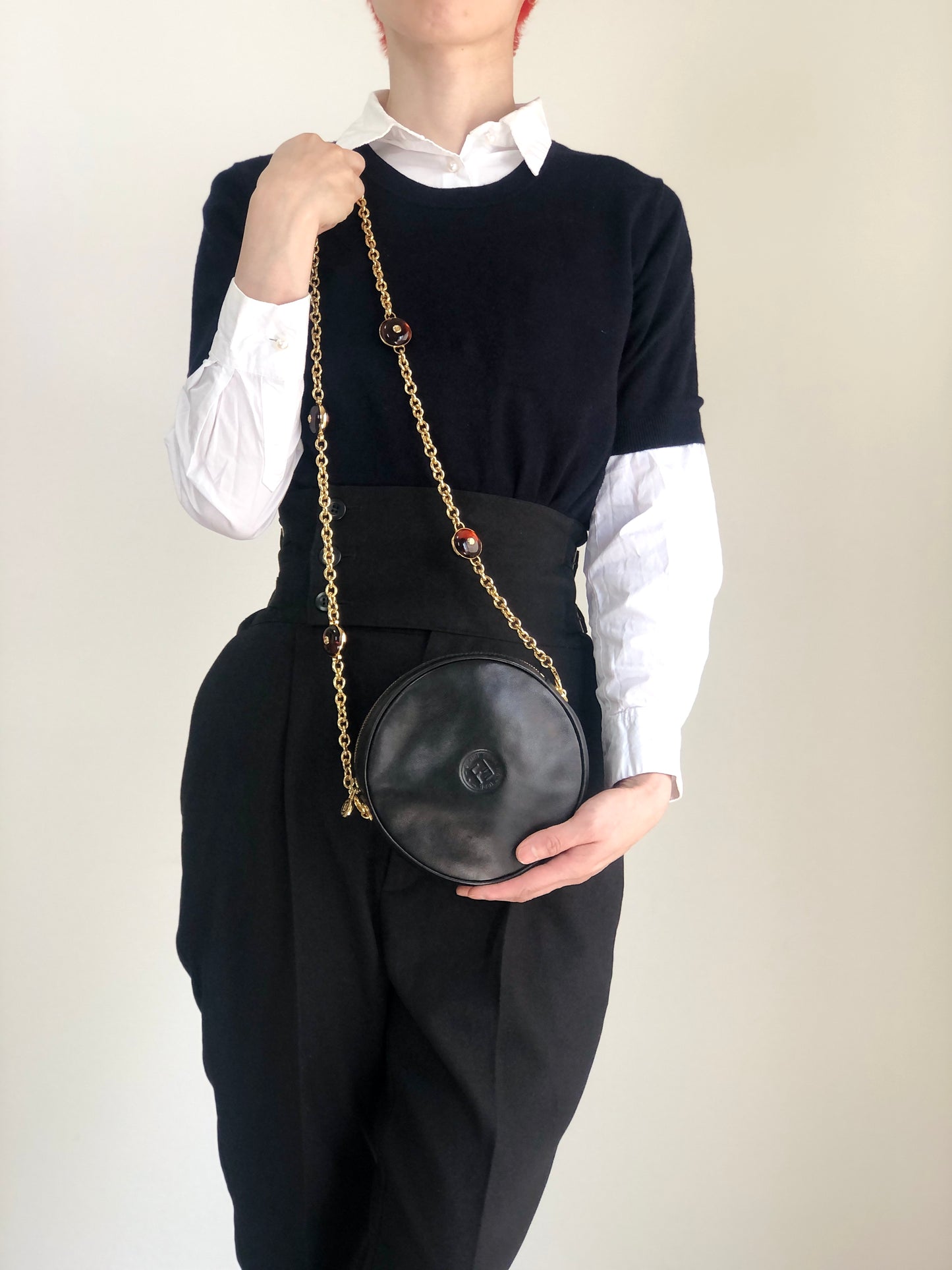 FENDI Logo Embossed Chain Shoulder bag Black Vintage d26mnc