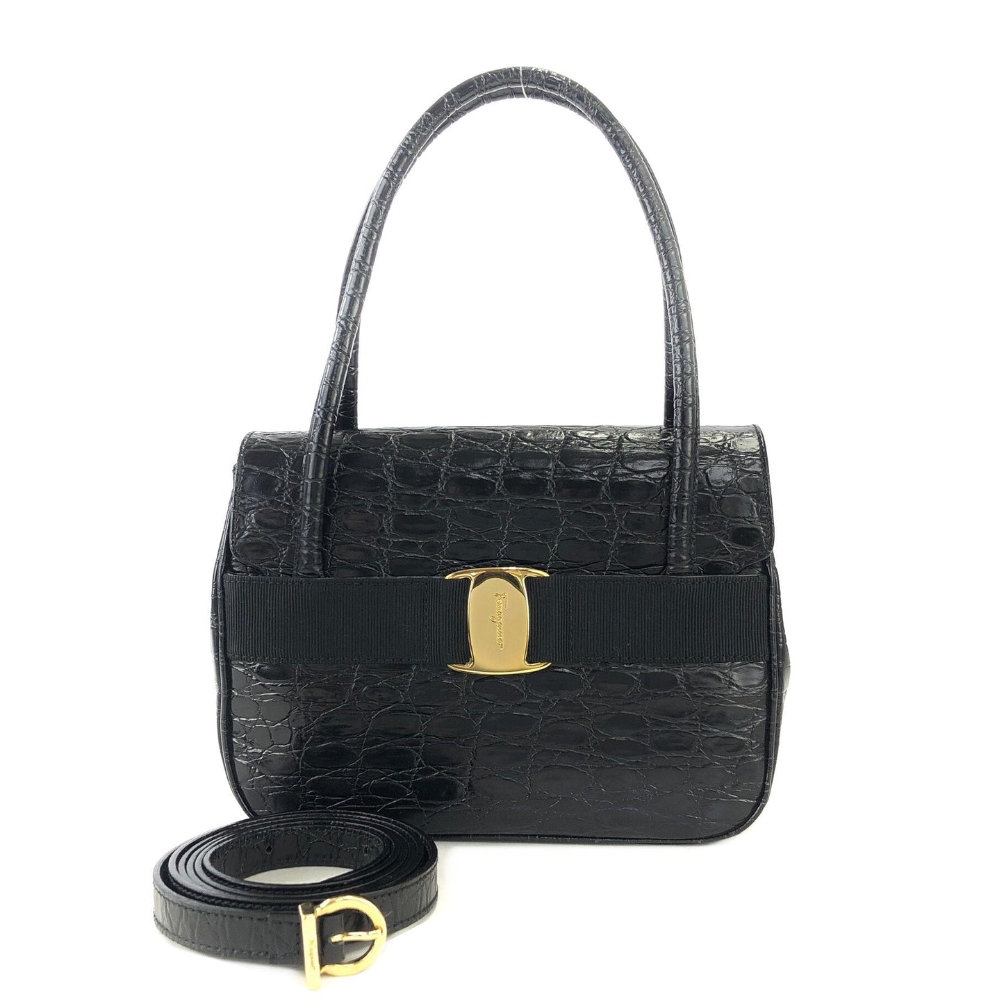 Salvatore Ferragamo Vala Crocodile embossed Shoulderbag Handbag Black Vintage Old 6wktid