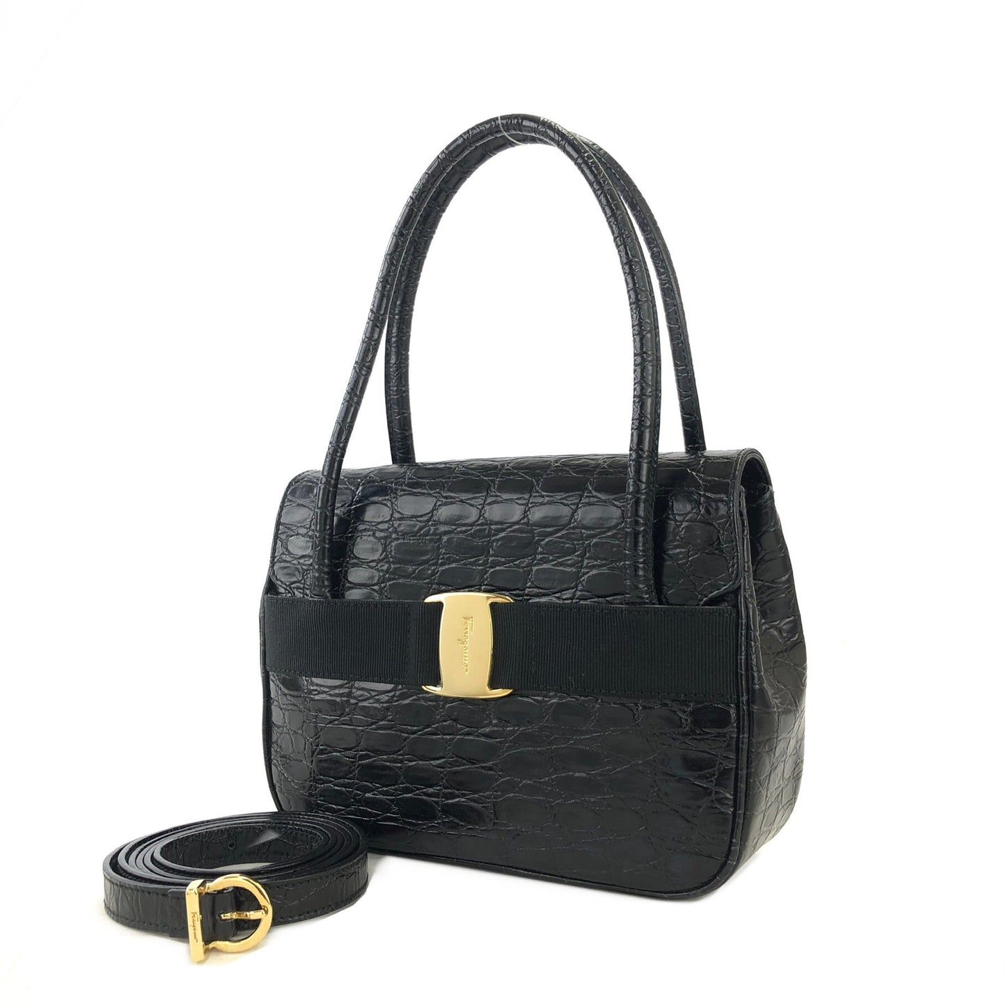 Salvatore Ferragamo Vala Crocodile embossed Shoulderbag Handbag Black Vintage Old 6wktid