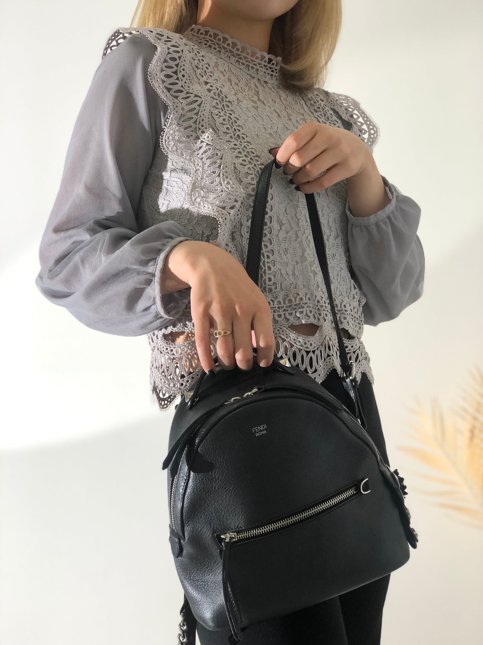 Vintage Floral Leather Mini Backpack in Black