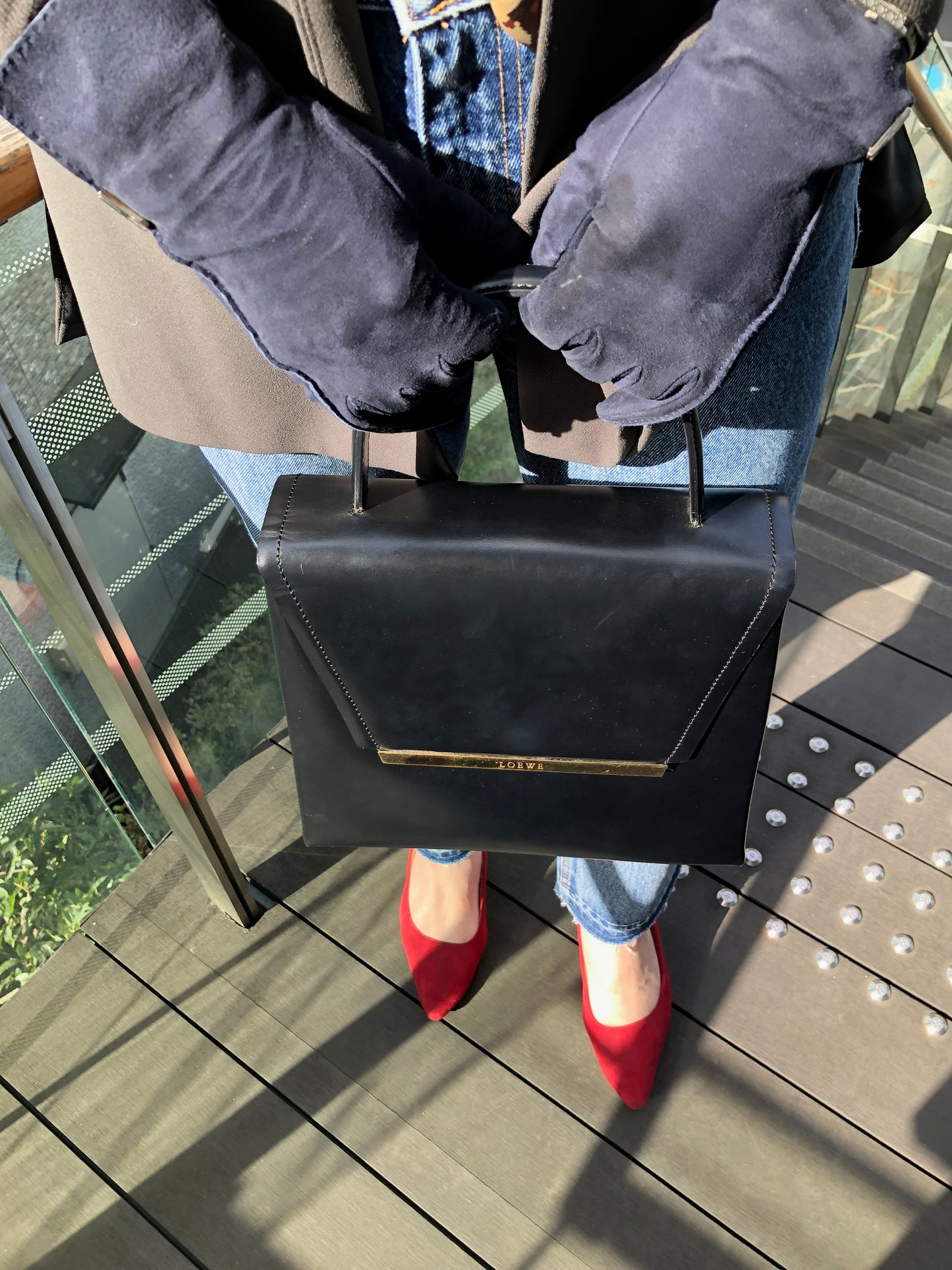 LOEWE Logo Two-way Handbag Shoulder bag Black Vintage 588t4s