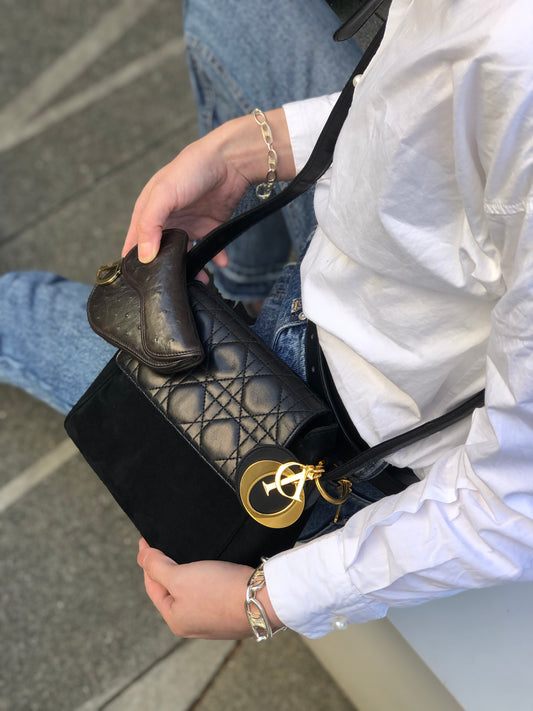 Christian Dior Cannage Logo Charm Shoulder bag Black Vintage 8sntxu