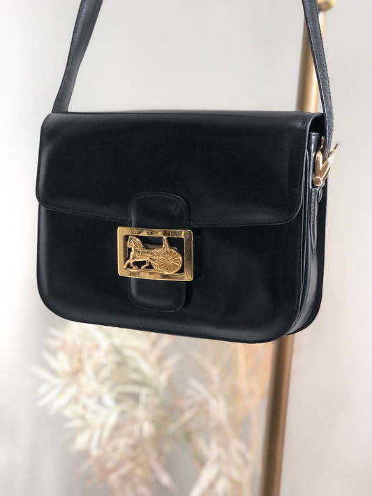 CELINE Horse carriage Leather Shoulder bag Black Vintage Old Celine