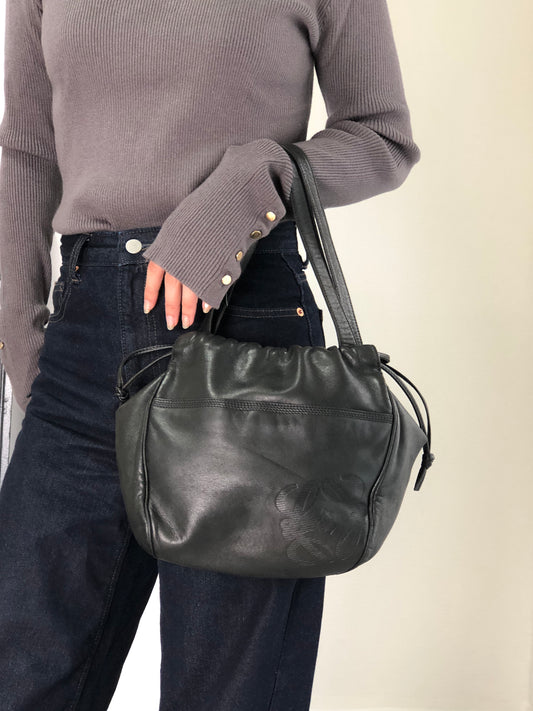 LOEWE Anagram Drawstring Handbag Black Vintage nggky5