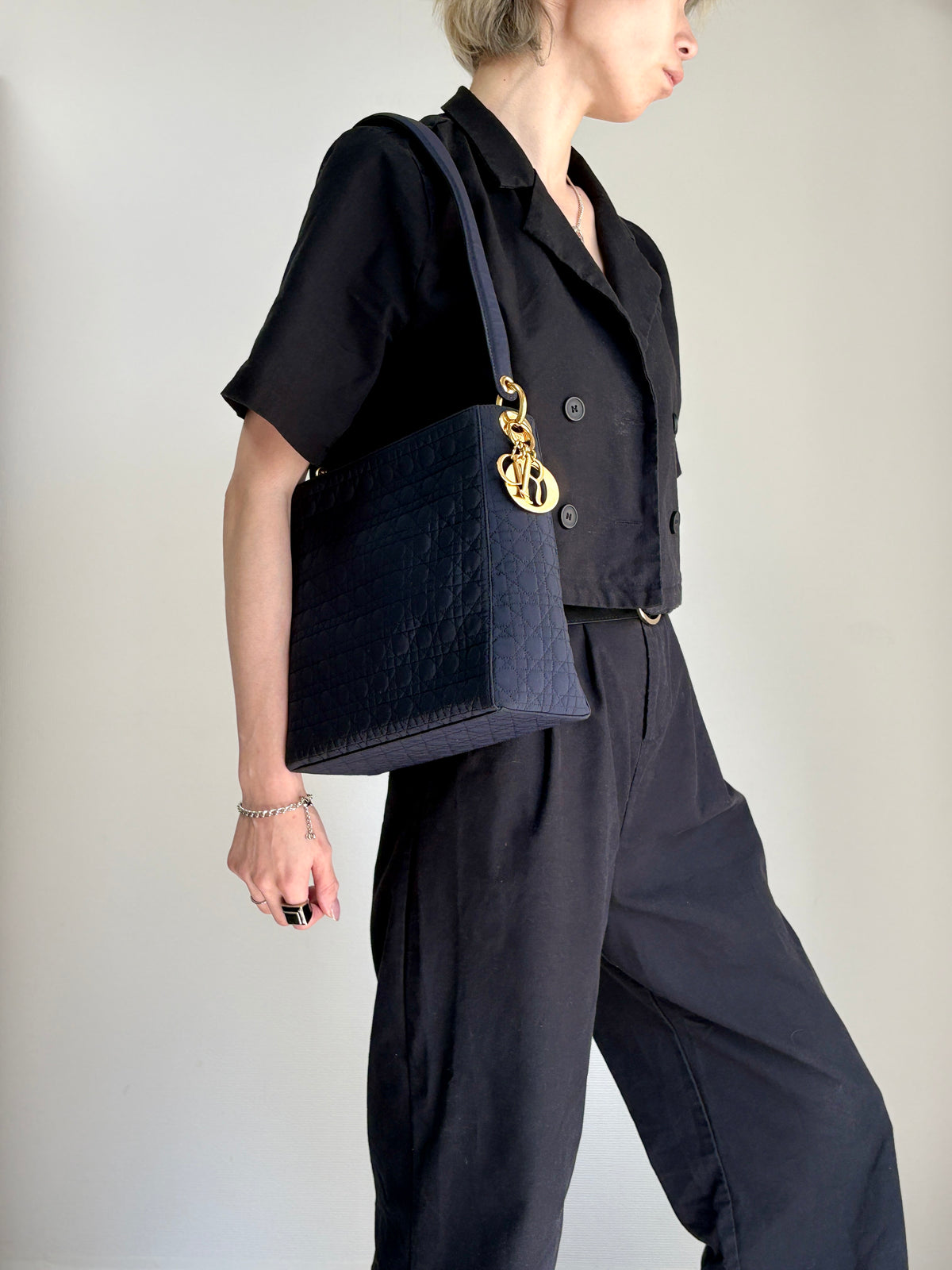 Christian Dior Cannage Logo Charm Shoulder bag Hobobag Black Vintage gd5hwv